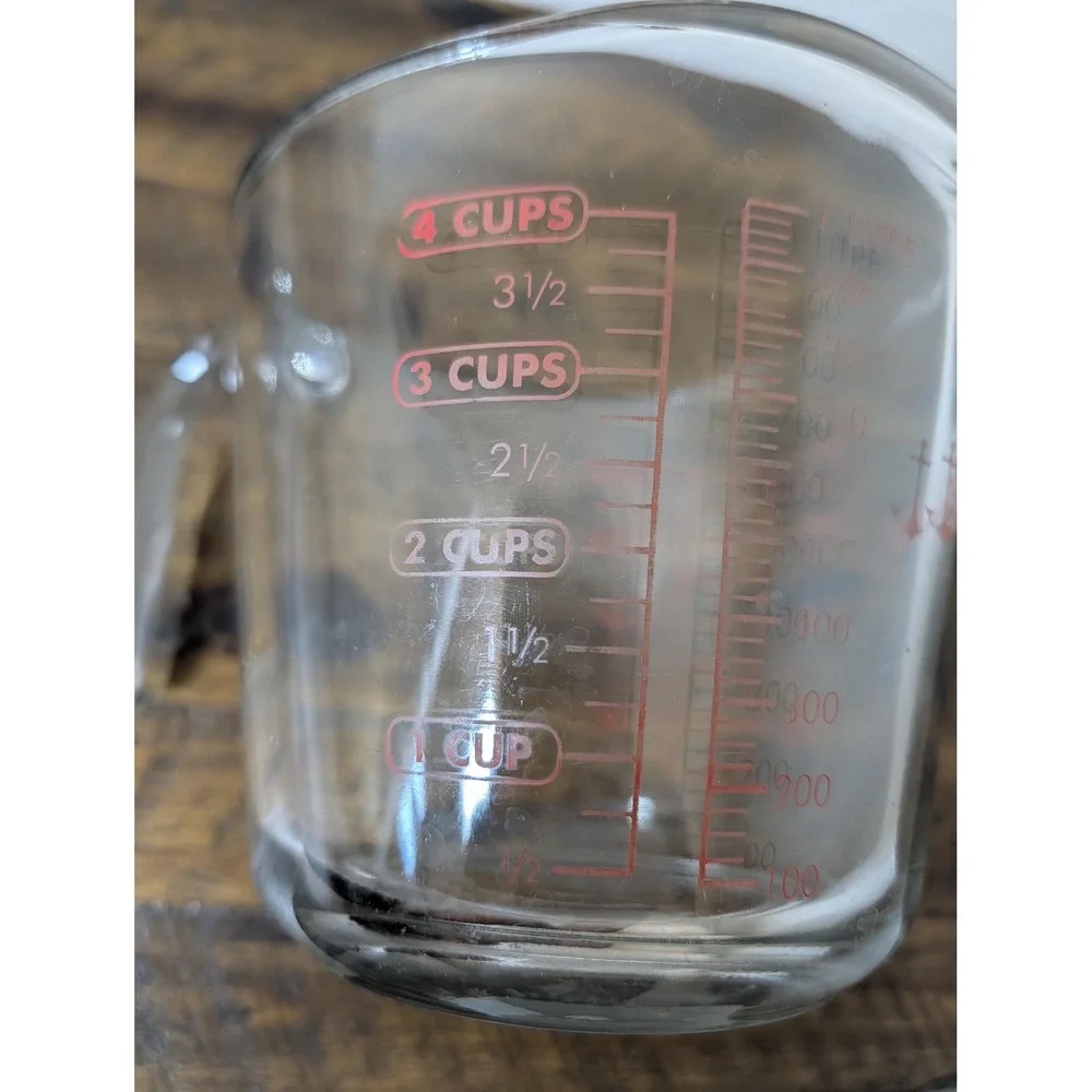 Vintage Anchor Hocking 4-Cup Glass Measuring Cup | Red Lettering 1-Quart | USA